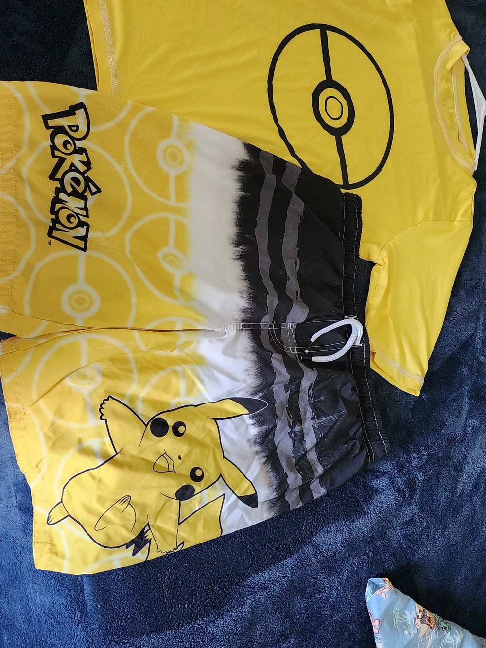 Pokemon Kids Yellow Black Pikachu Rashguard Swim Set WORN ABOUT 2 TIMES at Home